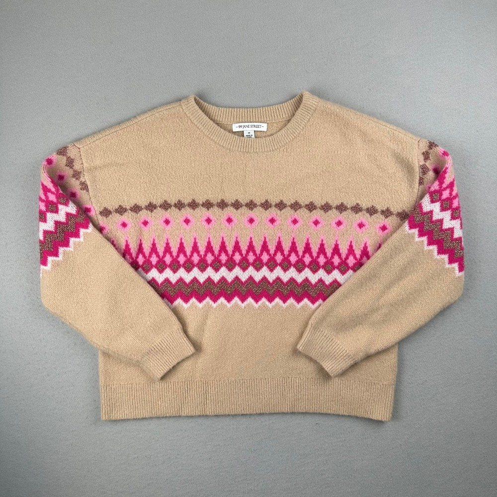 99 Jane Street Sweater Womens Medium Tan Pink Fair Isle Metallic Knit Pullover